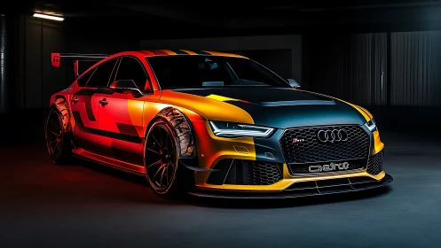 Neon race-bred Audi prowls the dim garage like liquid chrome