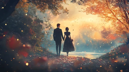 Romantic couple silhouetted on luminous autumn riverside path.