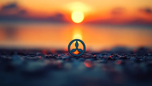 Macro shoreline emblem under shallow depth sunset bokeh.