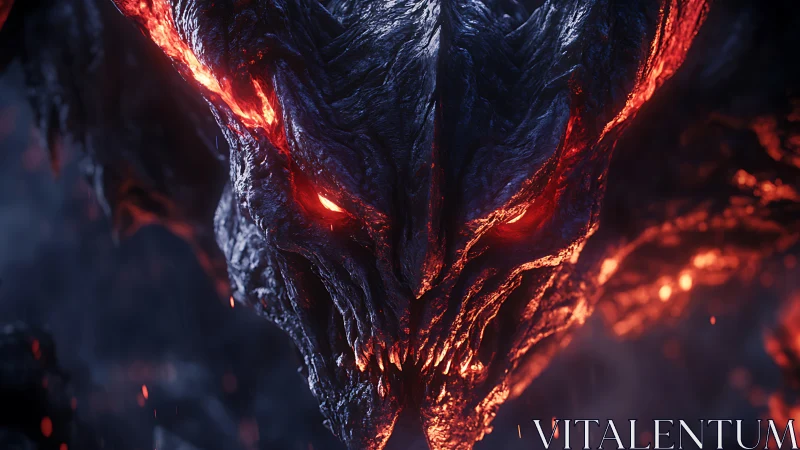 Molten demon face emerges from darkness in searing inferno