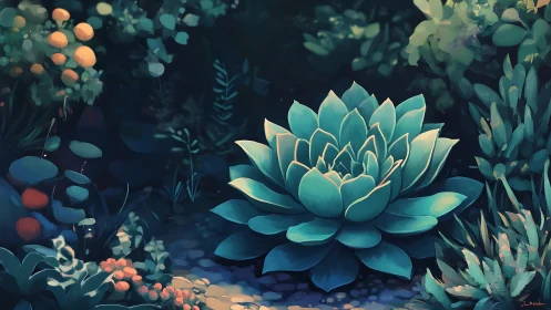 Succulent rosette in shaded garden with surrounding foliage.