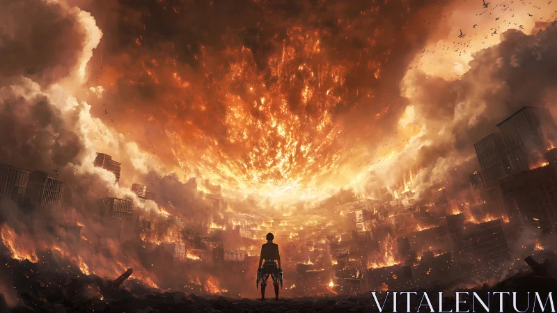 Lone figure faces burning city under collapsing sky.