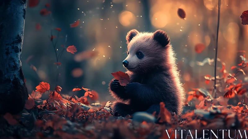 Backlit bear cub studies falling autumn leaves in shallow depth