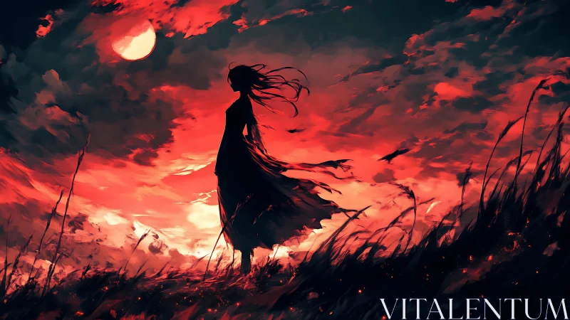 Silhouetted girl under blood red sky at dusk storm.