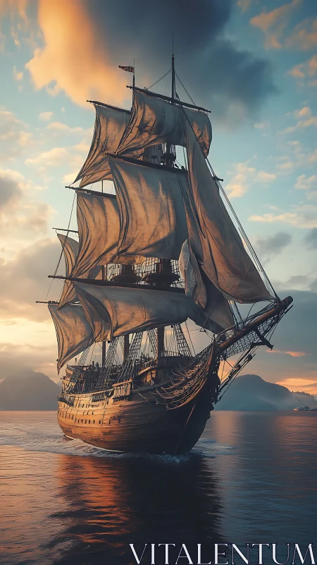 Tall ship under sunset sails on reflective coastal waters.