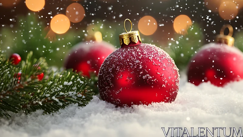 Red glass baubles on snow with evergreen branches in focus.
