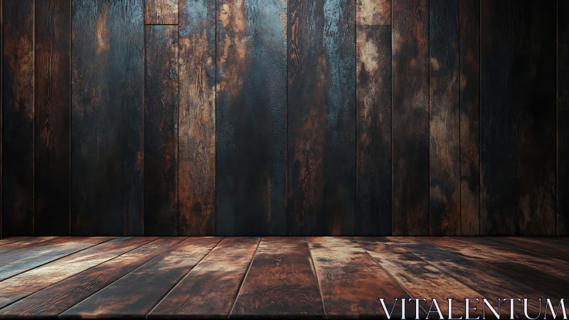 Weathered dark wood interior with moody studio lighting.