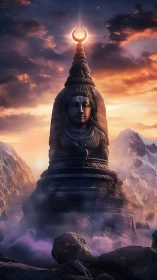 Majestic mountain deity statue rises through celestial dusk sky