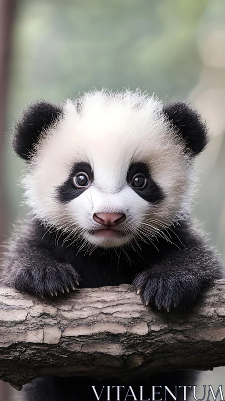 Baby panda grips weathered branch with curious bright gaze.