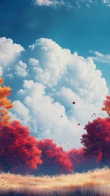 Crimson autumn grove under towering cumulus sky.