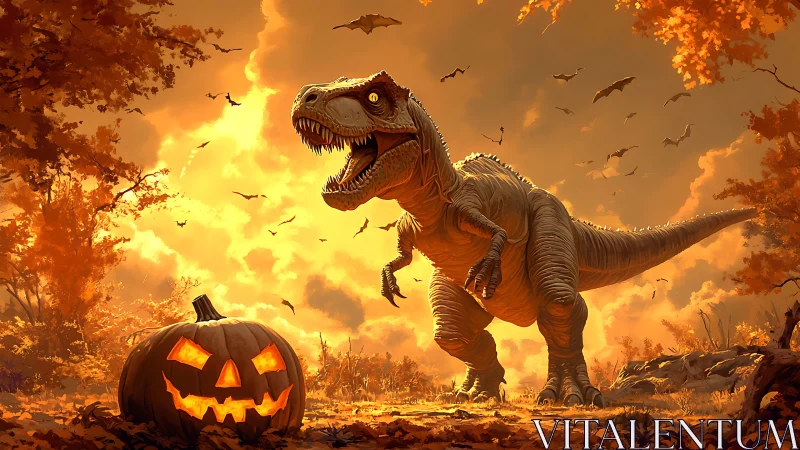 Tyrannosaurus roars through fiery Halloween forest sunset.