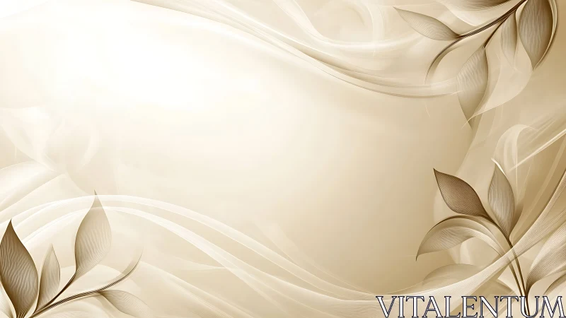 Monochrome botanical background shows stylized leaves and waves