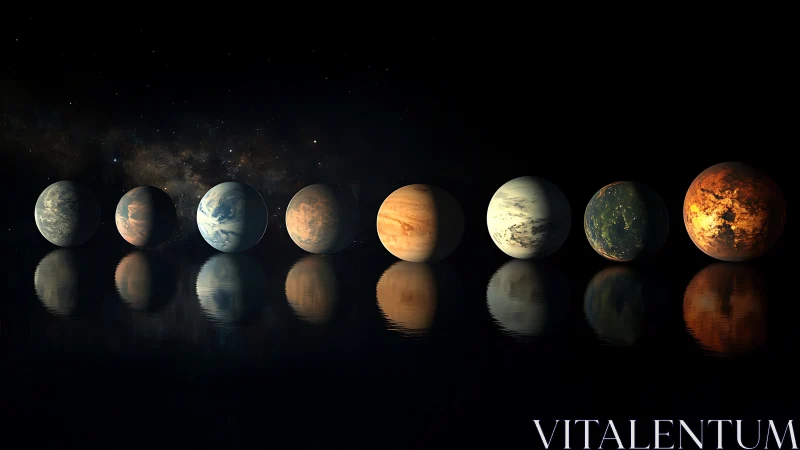Exoplanet lineup with water reflections under starfield sky.