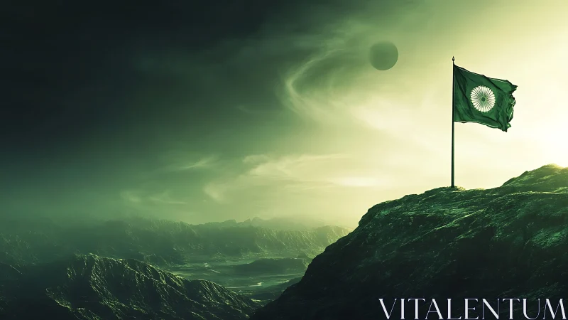 Indian flag stands on alien ridge under luminous green sky