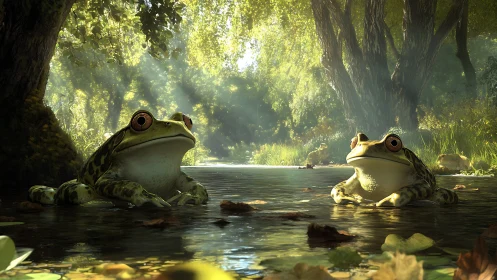 Two stylized frogs rest in shallow forest stream lighting