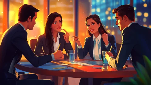 Business Team in Modern Office at Dusk, Vibrant Digital Art Style.