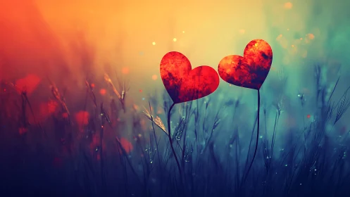 Heart-Shaped Flowers Against Golden Sunset Gradient with Bokeh.