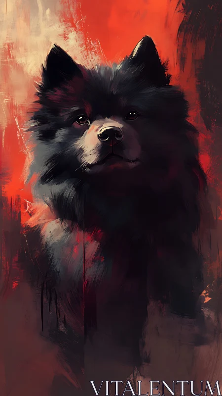 Dark fluffy dog portrait against textured red background.