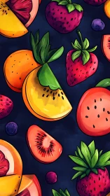 Midnight fruit carnival dancing across inky velvet skies.