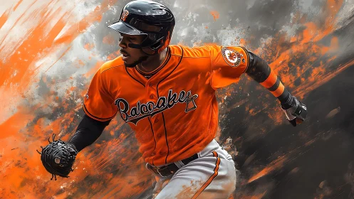 Baseball player in orange uniform against abstract backdrop.