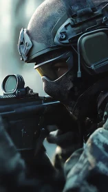 Tactical soldier aiming rifle with optical sight outdoors.