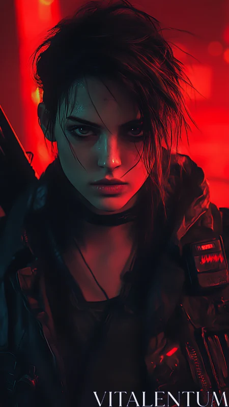 Cyberpunk portrait of armed woman in red neon light.