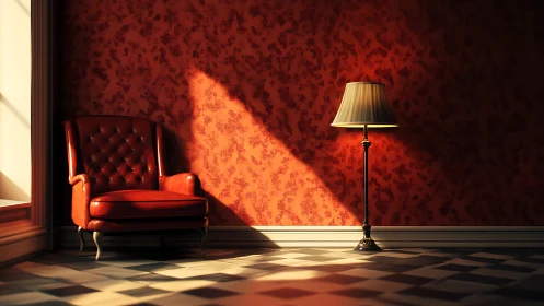 Red armchair and floor lamp against patterned wall.