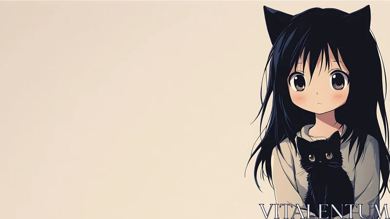 Cat-eared anime girl holding black cat on pale backdrop.