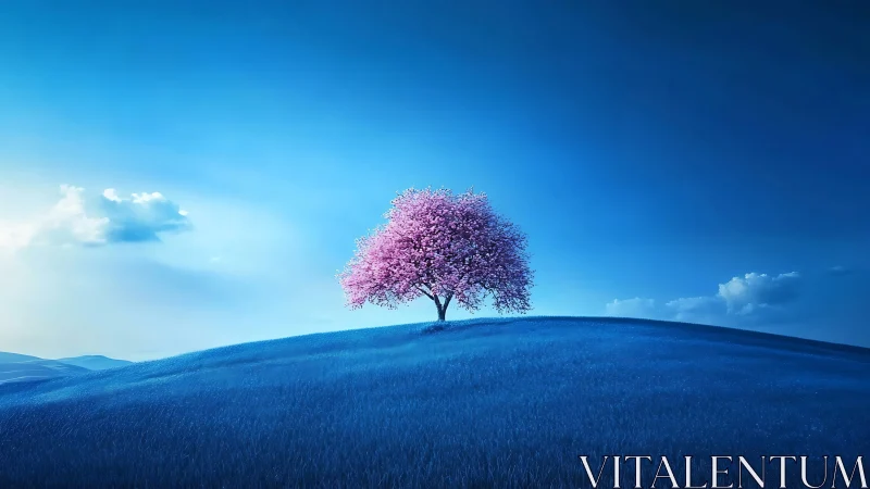 Isolated pink blossom tree on luminously graded cyan hill.