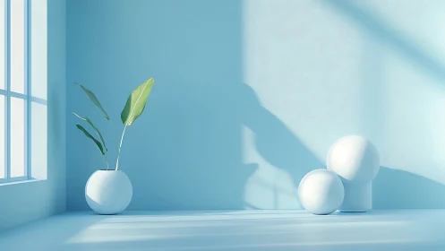 Minimalist blue interior with plant vase and soft spheres.