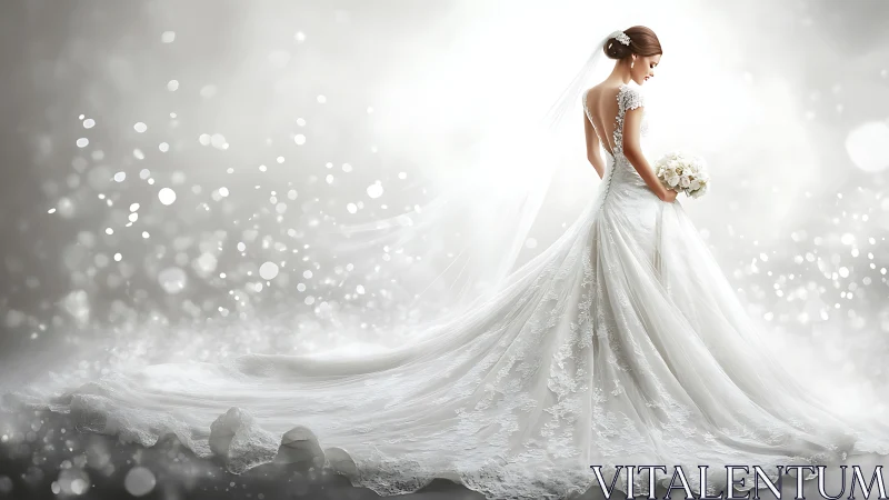 Elegant bride in luminous white gown glows in soft bokeh light