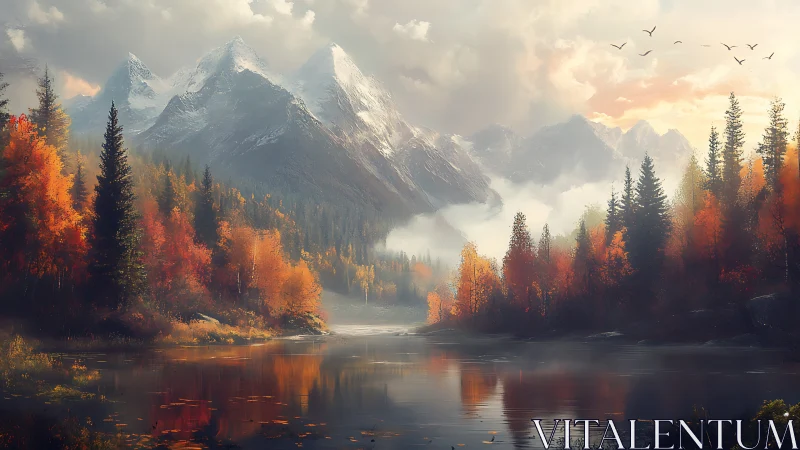 Autumn alpine lake reflects misty snowcapped mountain range