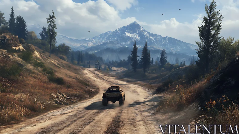 Off-road truck follows winding mountain trail at sunrise.