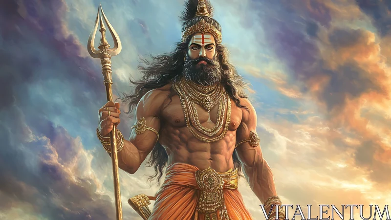 Warrior deity stands radiant against storm lit heavens