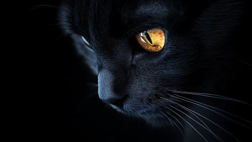 Black Cat with Glowing Amber Eyes in Dramatic Shadow
