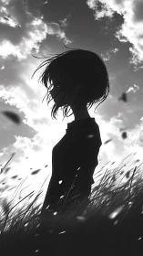 Solitary anime silhouette in windswept monochrome field at dusk.