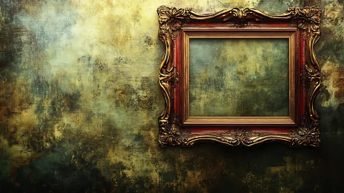 Gilded empty frame dreaming on a weathered green wall.