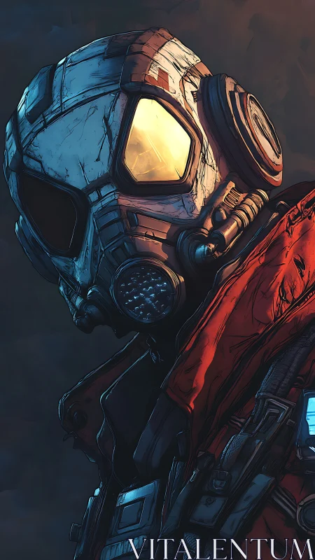 Futuristic helmeted figure in respirator gear profile view.