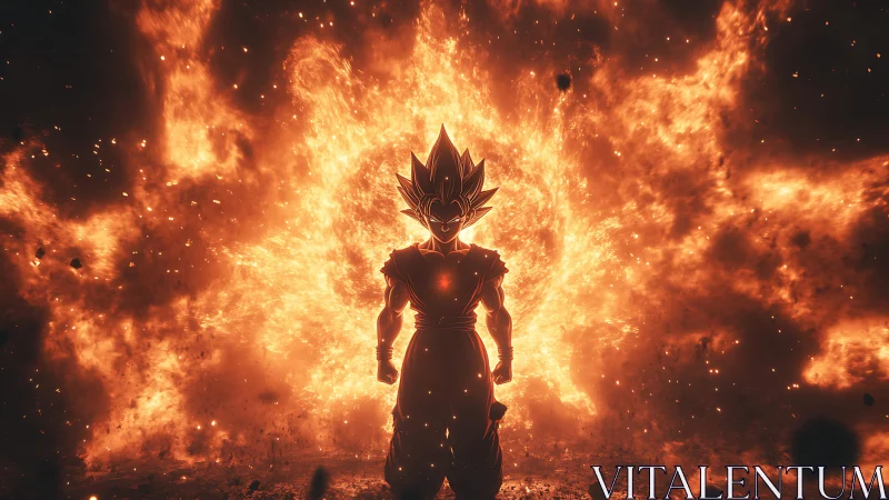 Silhouetted anime fighter before large explosive fire halo.