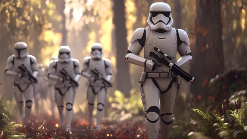 Armored troopers advance through forest with cinematic depth of field