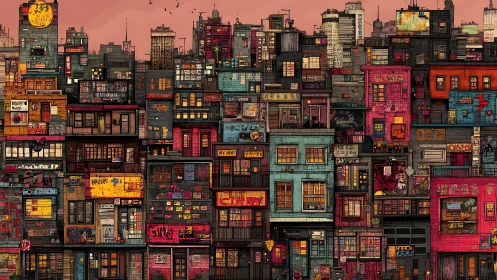 Dense urban block illustration with layered storefront facades.