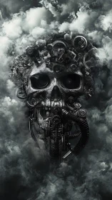 Mechanical skull merges with industrial hoses and clouds