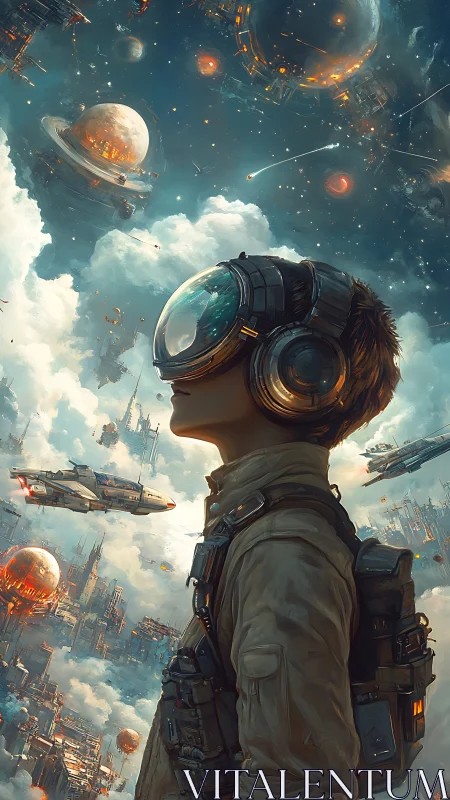 Young space pilot in visor helmet surveys layered orbital city