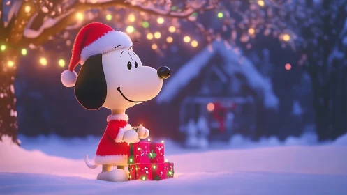 Stylized beagle in Santa outfit with gifts in snowy bokeh scene