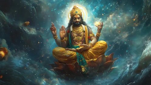 Radiant cosmic deity meditates on lotus amid swirling nebulae.