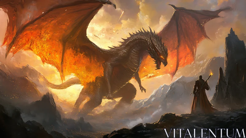 Large winged dragon confronting lone robed figure at dusk.