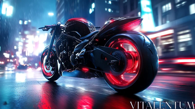 Futuristic street motorcycle on wet neon city roadway.