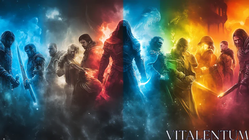 Legendary heroes gathered in swirling elemental colors.