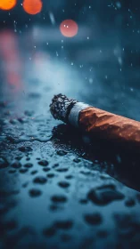 Rainy night cigarette butt resting in moody blue puddles.