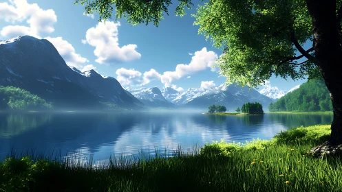 Glacial lake panorama with high dynamic range foliage rendering.